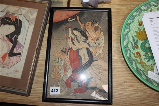 Six Japanese woodblock prints and and a Persian gouache painting, largest 36 x 26cm and a Chinese hardstone elephant